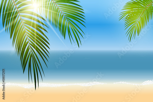 Fototapeta Naklejka Na Ścianę i Meble -  Summer Time Palm Leaf Seaside Vector Background Illustration