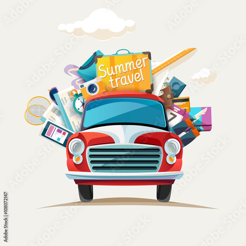 Summer travel illustration with car.
