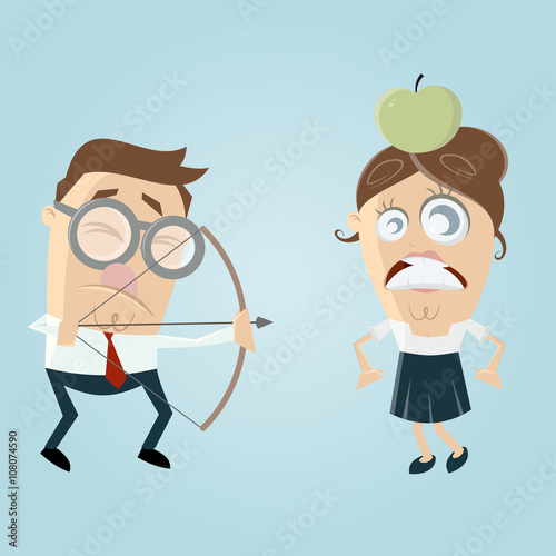 visually impaired man aiming at a woman with an apple on her head