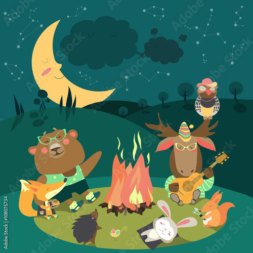 Animals resting around bonfire 