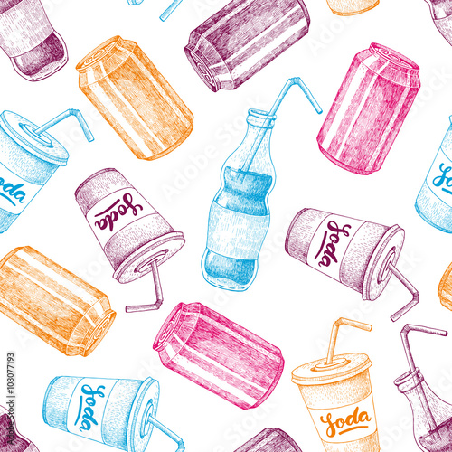 Vector seamless soda drawing pattern. Hand drawn soda illustrati