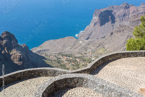 View to the canyon of Taguluche from the Mirador del Santo. Situated in the western part of Gomera near the village Arure and the Valle Gran Rey. The Mirador is named after the Ermita del Santo 