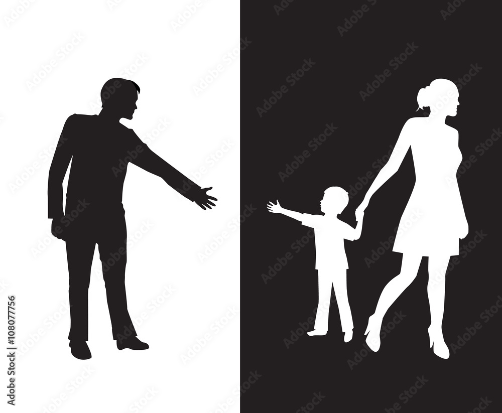 silhouette of a man reaching to his young child, but the mother removes