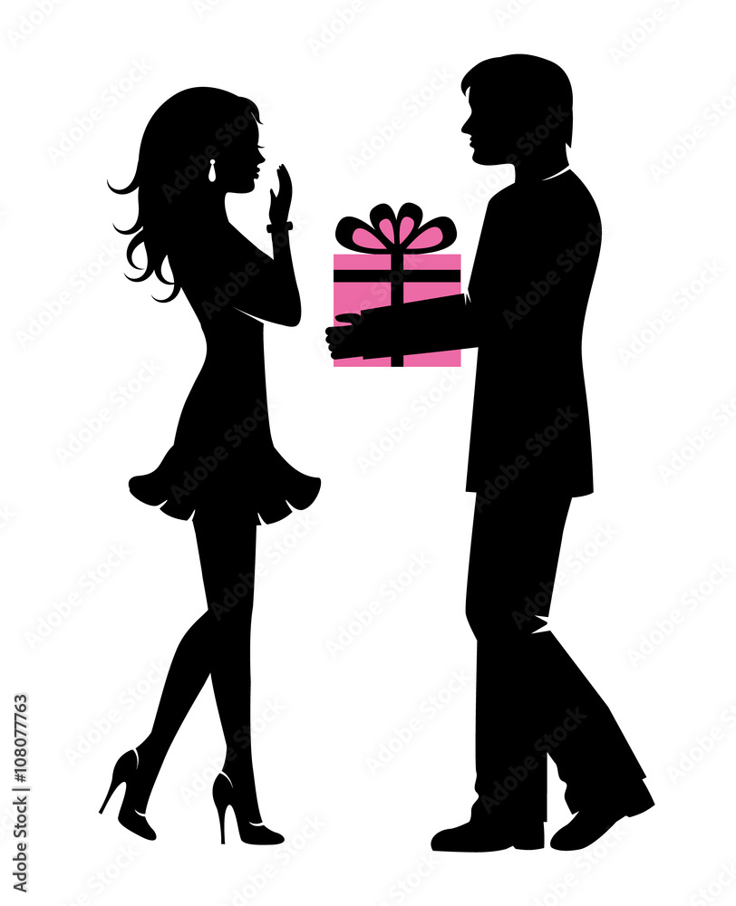 Silhouettes of men and women. A man holding a big gift with a bow and holds his sweetheart