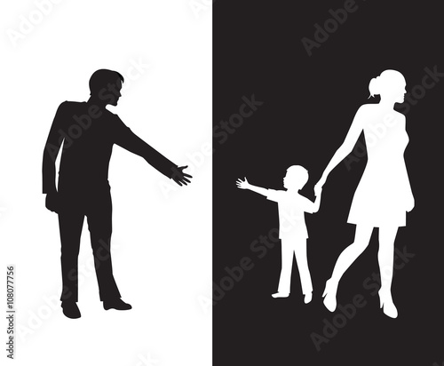 silhouette of a man reaching to his young child, but the mother removes the child to the other side and is separated from the father.Dad and mom with a baby on different backgrounds
