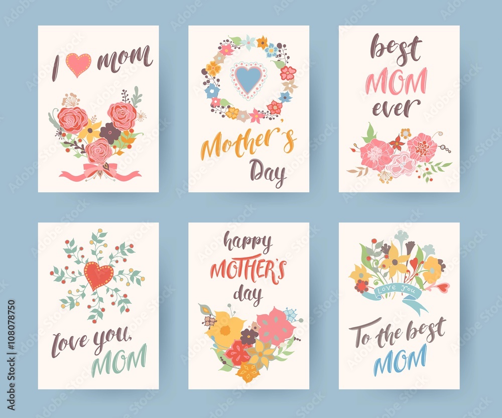 Set of vintage mothers day greeting card. Mothers Day floral background. Vector illustrator.