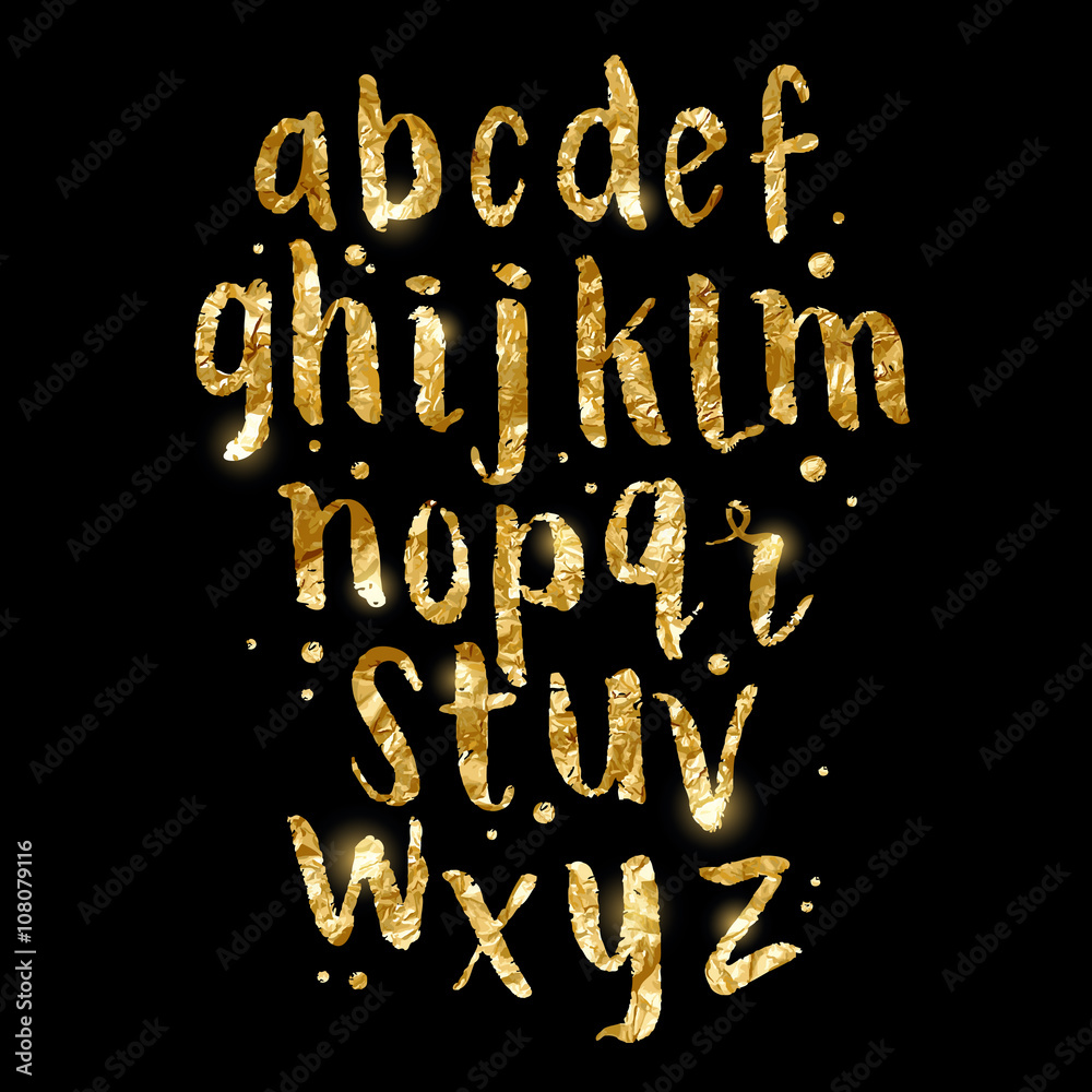 Gold foil glittering Brush Letters. Hand made Alphabet lettering in gold. Vector illustration.