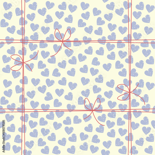 Cute endless pattern with blue hearts and red bows