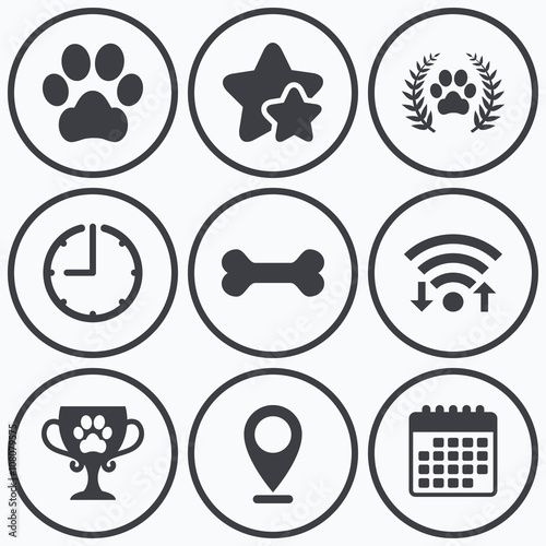Pets icons. Dog paw sign. Winner laurel wreath.