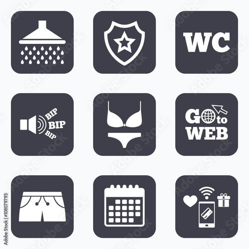 Swimming pool icons. Shower and swimwear signs.