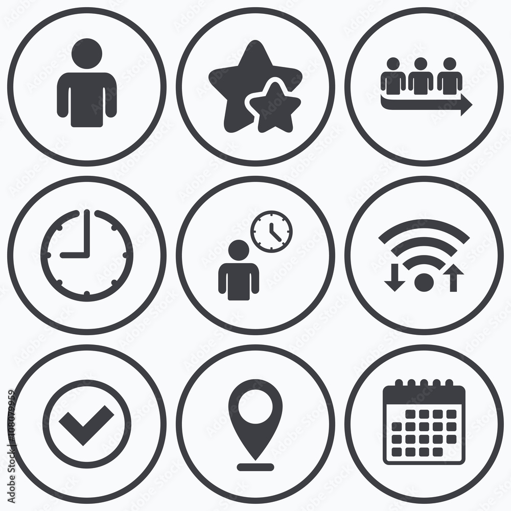 Queue icon. Person waiting sign. Check and time.