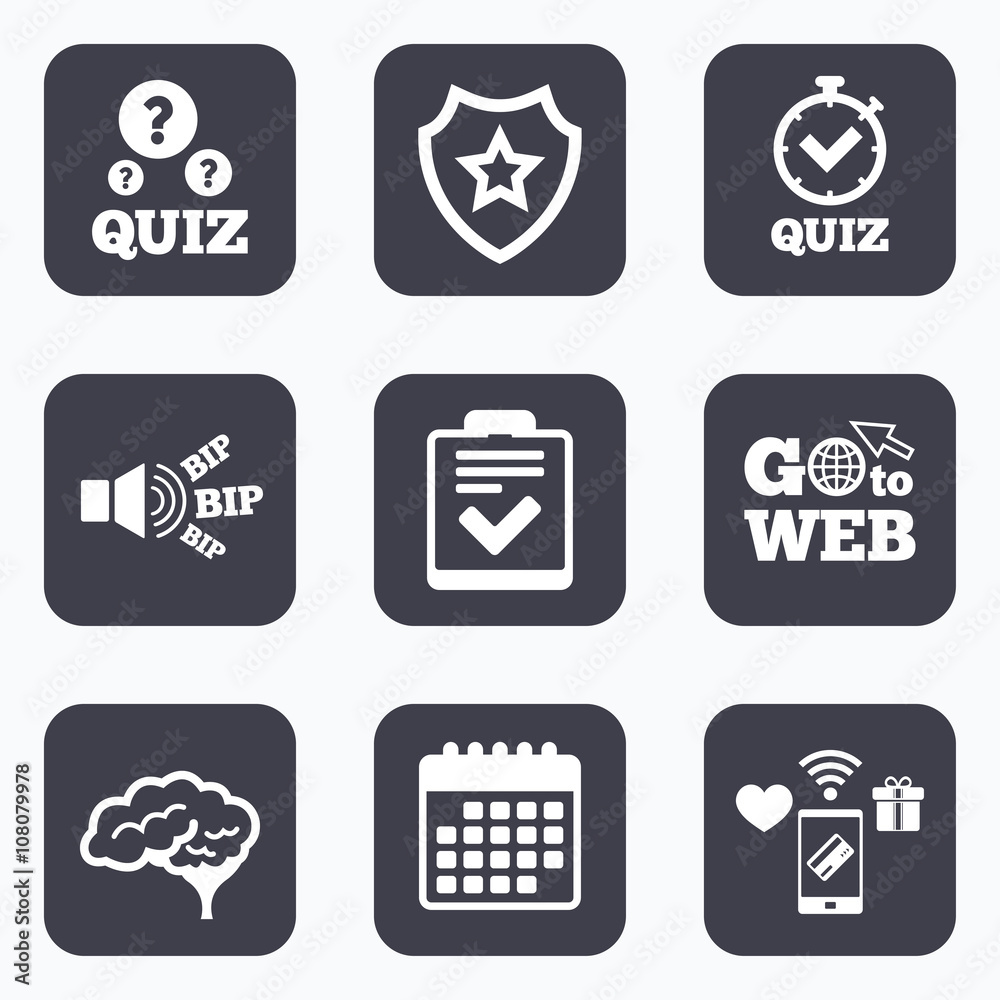 Quiz icons. Checklist and human brain symbols. Quiz icons. Checklist and human brain symbols.