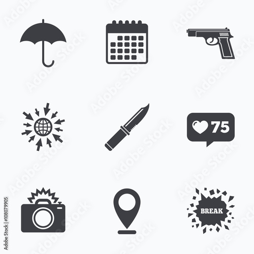 Gun weapon. Knife, umbrella and photo camera.