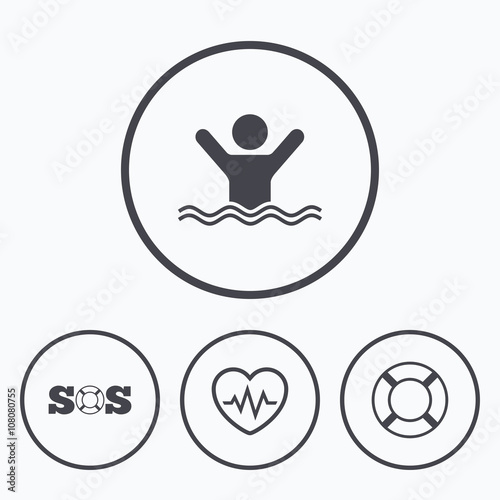 SOS lifebuoy icon. Heartbeat cardiogram.