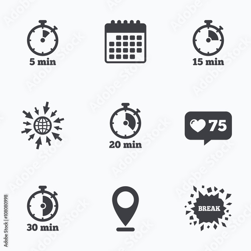 Timer icons. Five minutes stopwatch symbol.