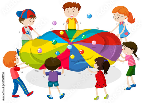 Kids playing game of balancing balls on sheet