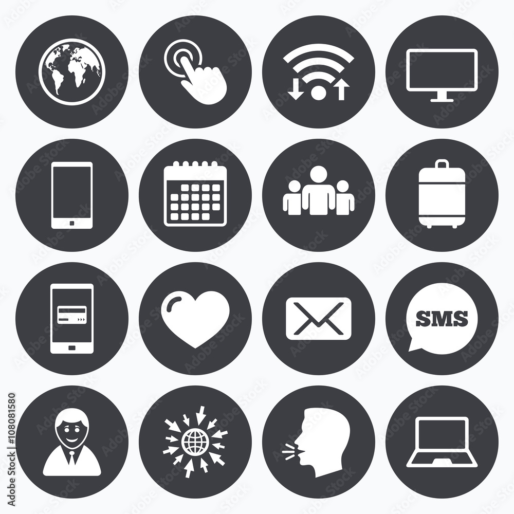Web, mobile devices icons. Share, mail signs. Web, mobile devices icons. Share, mail signs.