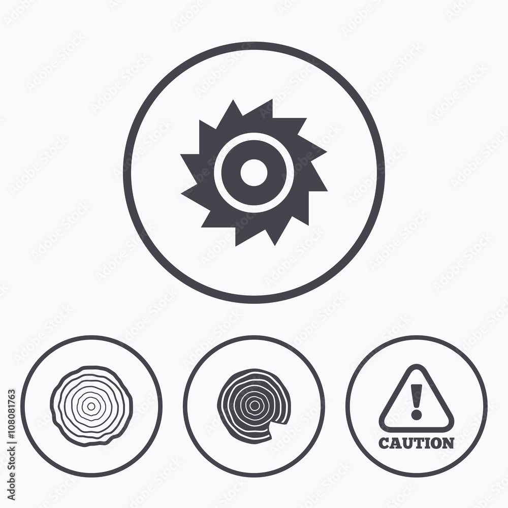 Wood and saw circular wheel icons. Attention. - obrazy, fototapety, plakaty 