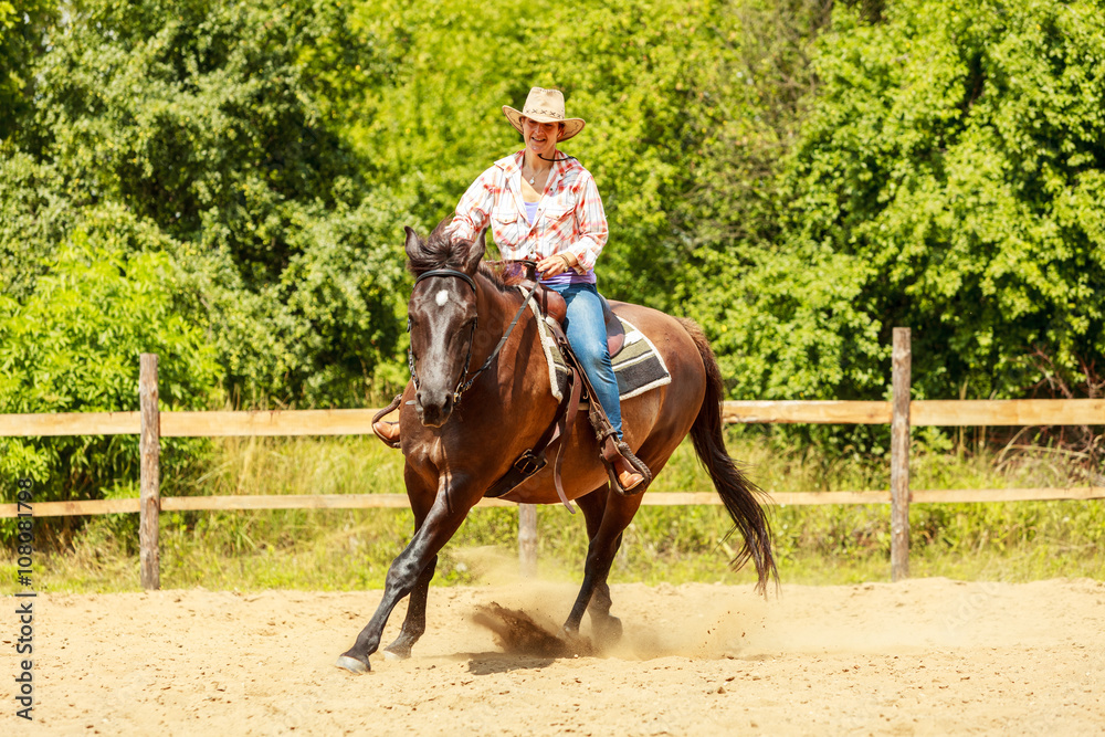 Western cowgirl woman riding horse. Sport activity Western cowgirl woman riding horse. Sport activity
