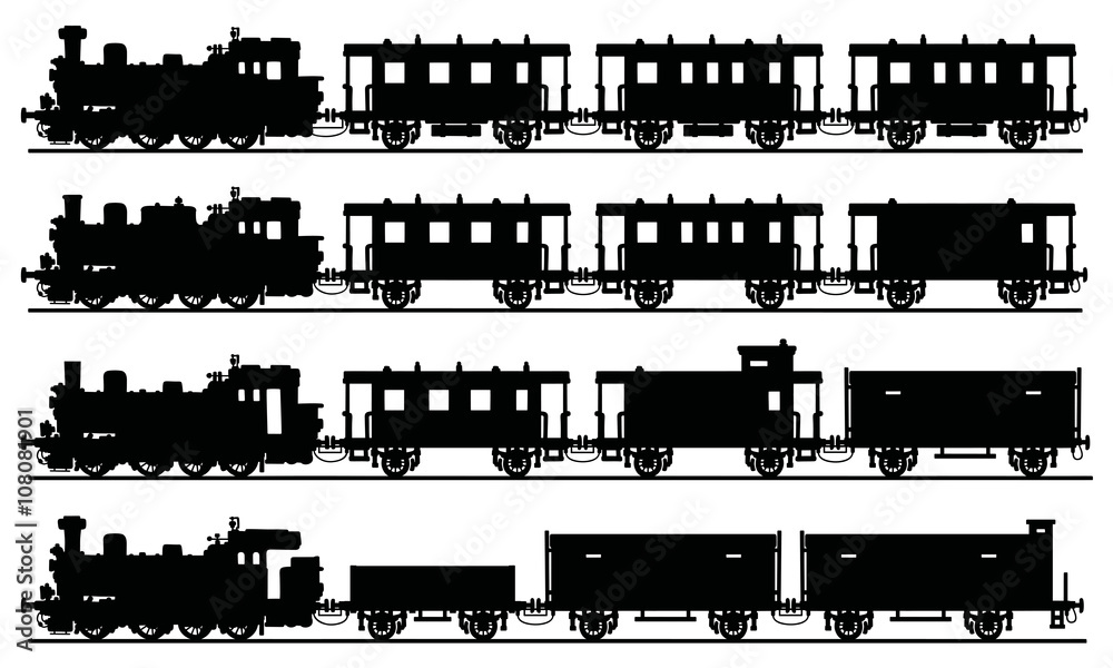 Obraz premium Old black steam trains / Hand drawing, vector illustration
