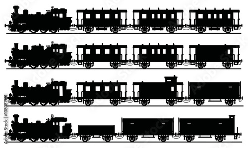 Old black steam trains / Hand drawing, vector illustration