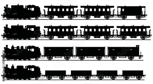Old black steam trains / Hand drawing, vector illustration