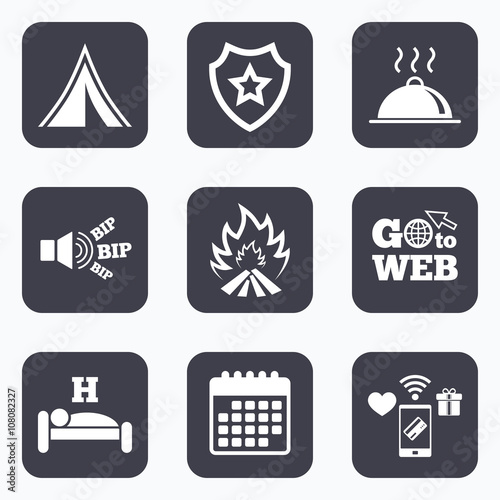 Hot food, sleep, camping tent and fire signs.