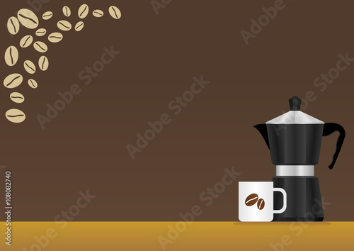Illustration of A Mokapot Coffee Brewer and Porcelain Mug for Text Background of Cafe Related Project