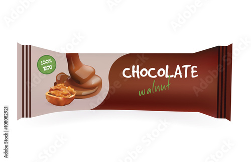 Chocolate Bar with Walnut. Mock-Up For Your Design and Branding. Snak Wrapper Template.Food Packaging. Vector Illustration.