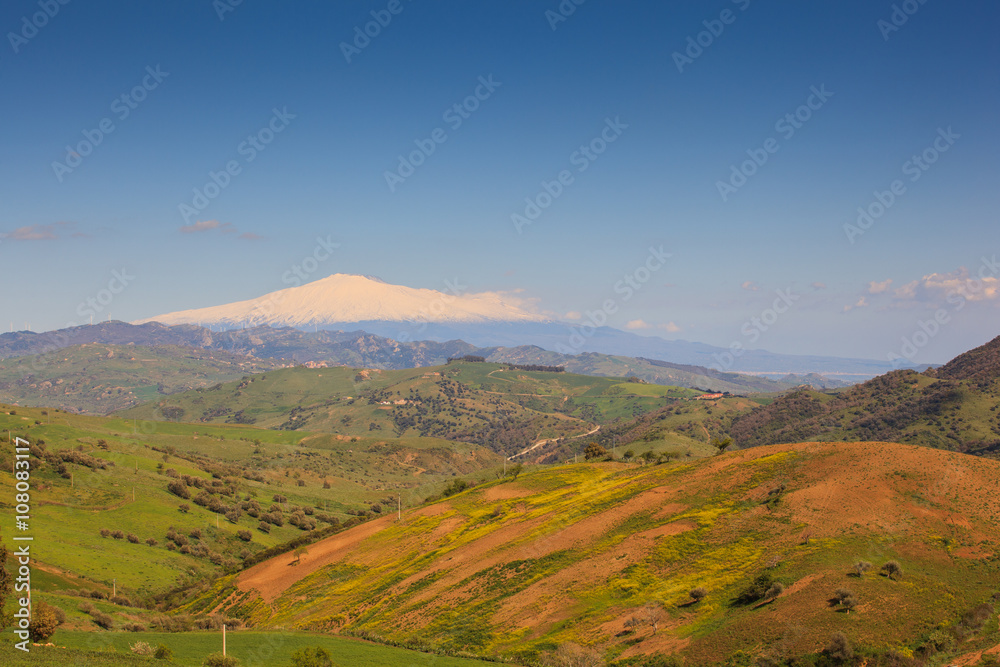 Etna volcano and Sicily field Etna volcano and Sicily field