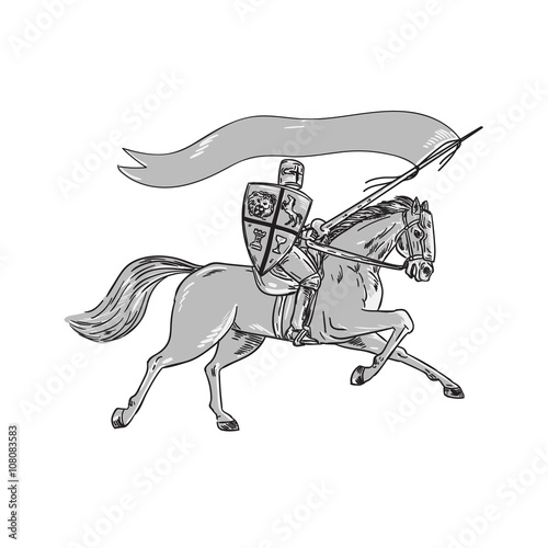 Knight Riding Horse Shield Lance Flag Retro