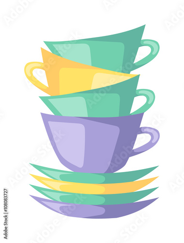 Red cup coffee tea or drink cafe morning beverage kitchen accessory flat vector.