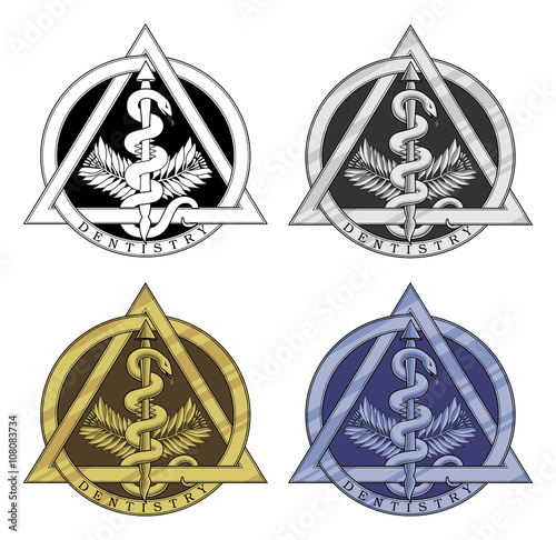 Dentistry Symbol - Four Versions is an Illustration of the dentistry symbol in a black and white, silver, gold and blue version.