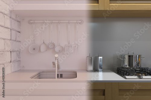 3d render of kitchen interior design in a modern style.