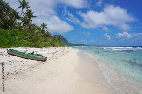 Kayak on a sandy beach, motu Muri Mahora, Huahine island, Pacific ocean, French Polynesia