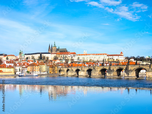 Charles Bridge and historical buildings in Prague from across th