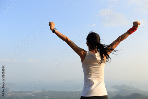 Canvas-taulu young successful woman open arms on mountain peak