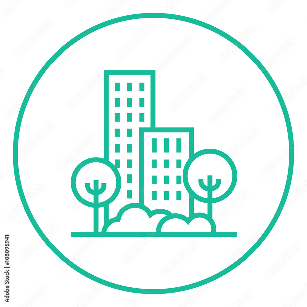 Naklejka premium Residential building with trees line icon.