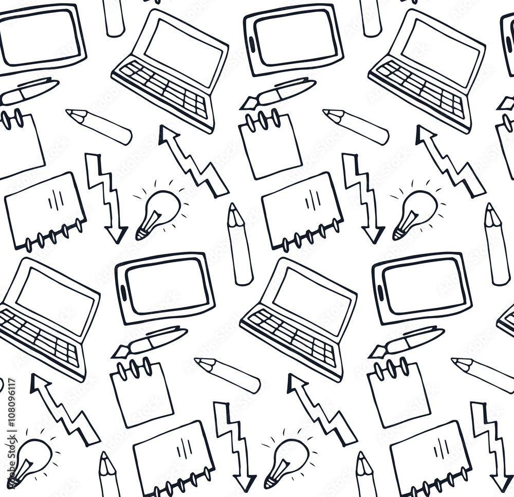 Seamless black and white pattern with an outline of objects on the topic of business