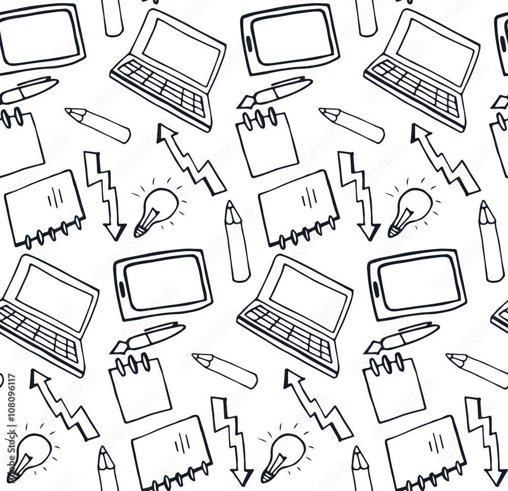 Seamless black and white pattern with an outline of objects on the topic of business Seamless black and white pattern with an outline of objects on the topic of business