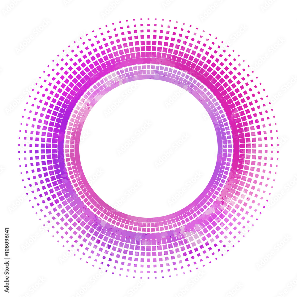 Round frame with halftone and purple watercolor background. Vector element for banners sites, design of printed products and your design