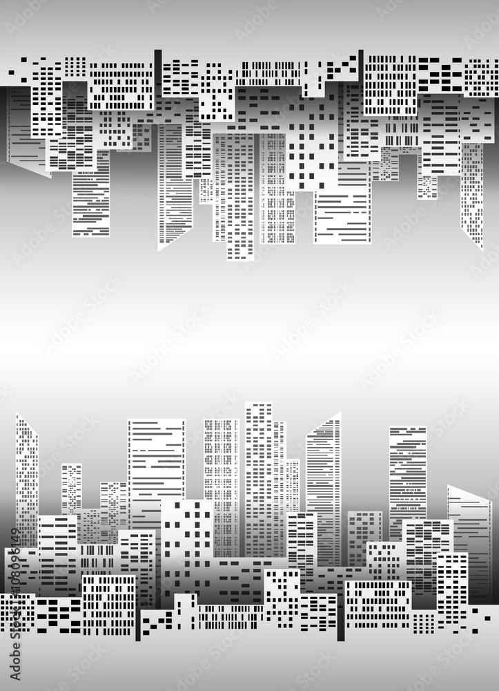 Black and white illustration with city buildings and skyscrapers made of paper for infographics, design, cover, card and your creativity