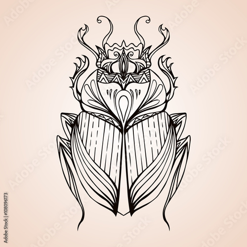 Hand drawn vintage scarab. Insect with doodle pattern. Vector element for tattoo sketch, printing on T-shirts, postcards and your design