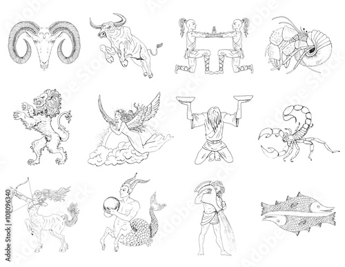 Hand drawn zodiac signs and symbols set