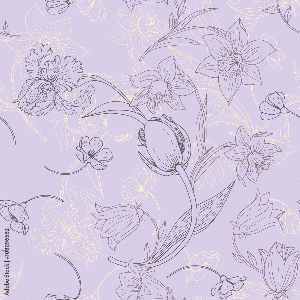vintage vector seamless pattern with flowers