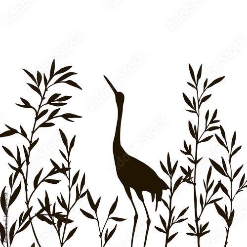 heron in thicket of bamboo branches with leaves