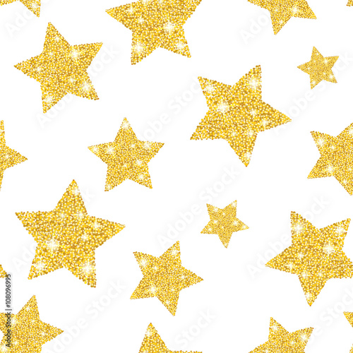 Seamless pattern with gold stars. Golden glitter particles and shine. Vector.