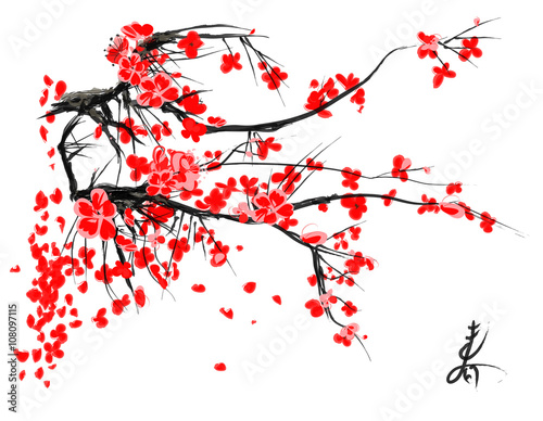 Realistic Sakura Blossom - Japanese Cherry Tree. Bloom Plum - Asian Tree. Vector