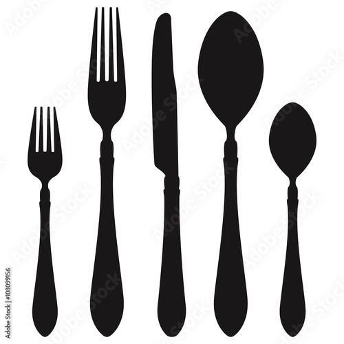 Cutlery - knife, fork, spoon, teaspoon, dessert fork. Black icon set