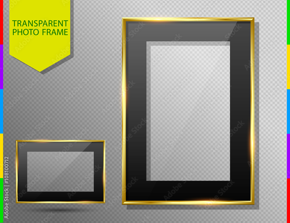 Golden photo frame with black mount, transparent glass and shadow